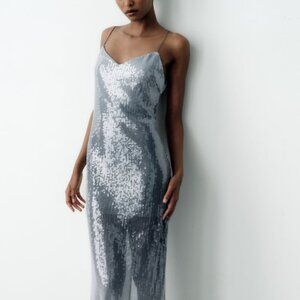 NWT SILVER DEGRADE SEQUIN MIDI SLIP DRESS